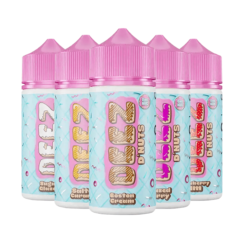 Five Deez D Nuts e-liquid bottles with pink caps, featuring flavours like Boston Cream and Sugary Glazed.