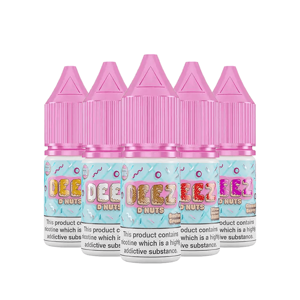 Five pink-capped Deez D Nuts 10ml salt e-liquid bottles with colourful labels.