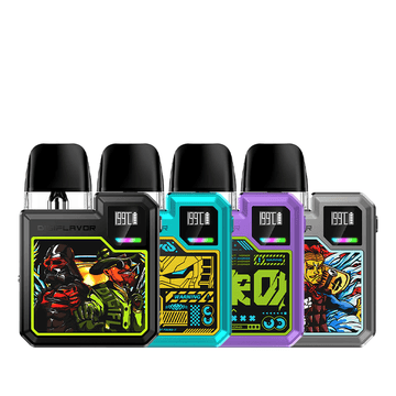 Five vibrant Digiflavor Digi-Q Pod Kits with unique graphic designs on display.