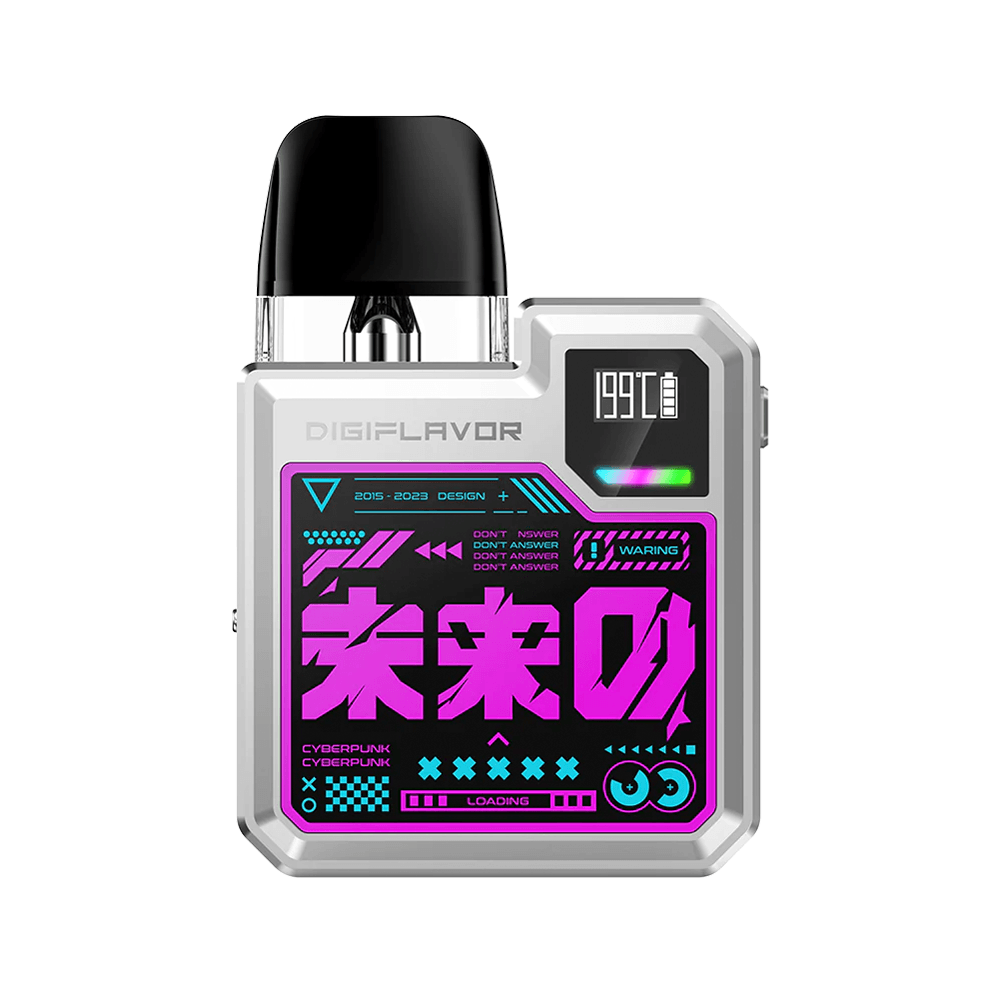 Digiflavor Digi Q Pod Kit with neon cyberpunk design and digital display.