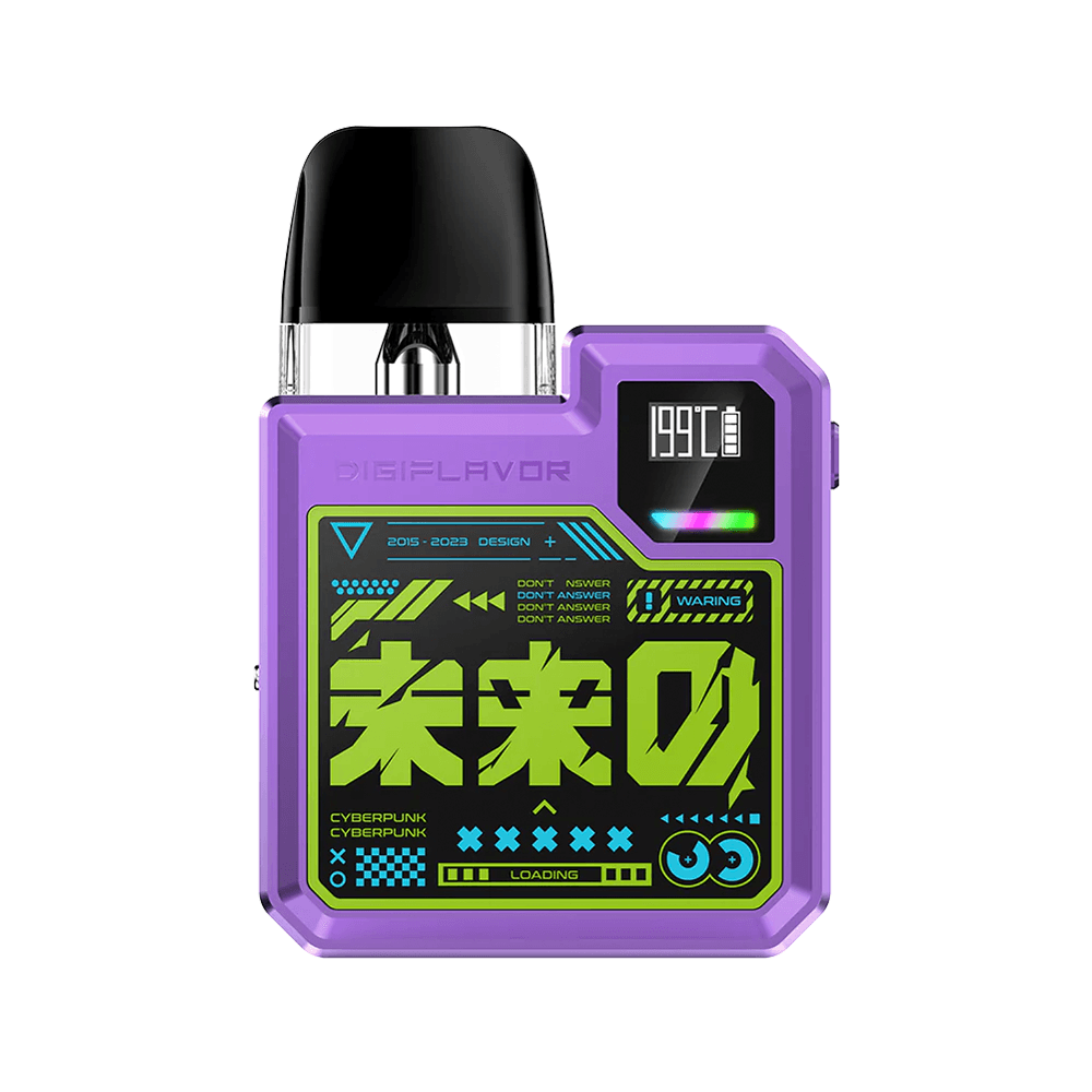 Digiflavor Digi-Q Pod Kit in purple with a futuristic digital display and cyberpunk design.