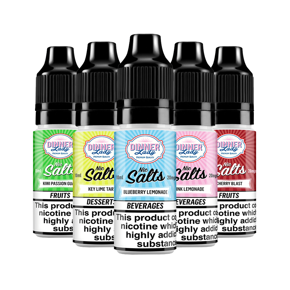 Five Dinner Lady Nic Salts bottles, flavours include Kiwi Passion Fruit and Lemon Sherbet.