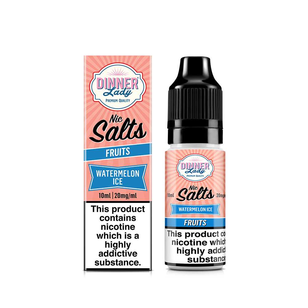 Dinner Lady Nic Salts Watermelon Ice 10ml bottle and box on a white background.