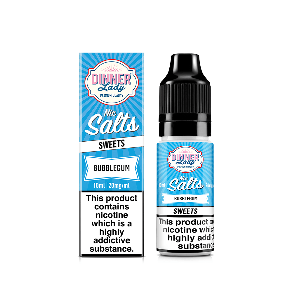 Dinner Lady Bubblegum Nic Salts 10ml bottle and packaging, blue and white design.