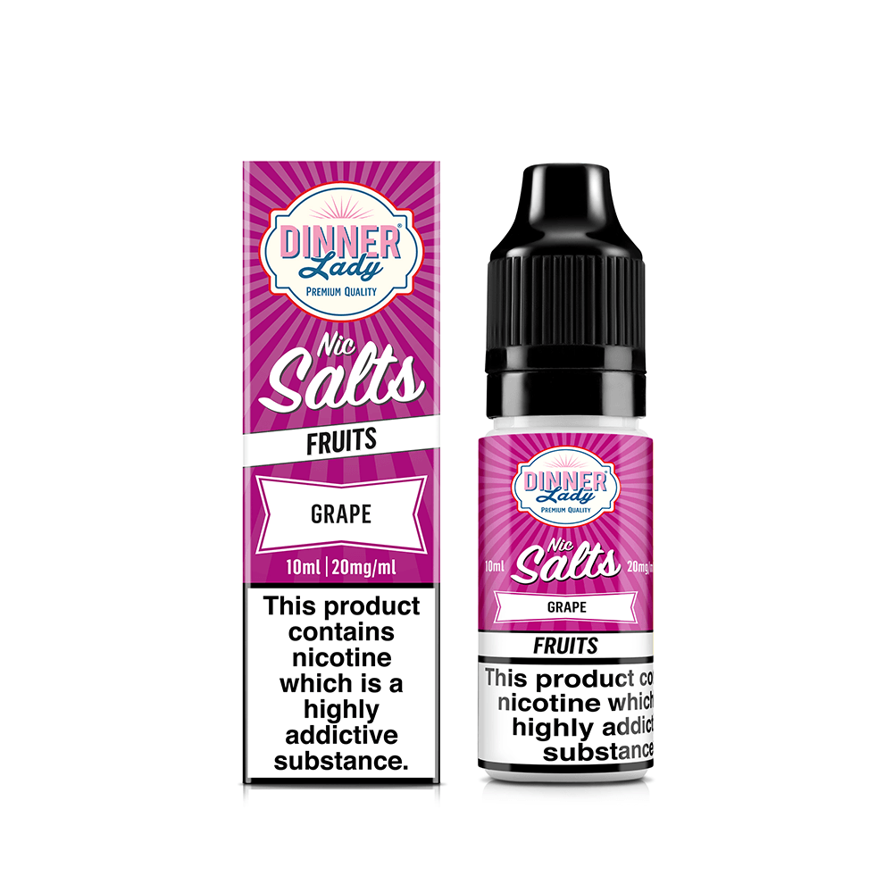 Dinner Lady Nic Salts Grape e-liquid bottle and box, 10ml, 20mg/ml, displayed on white background.