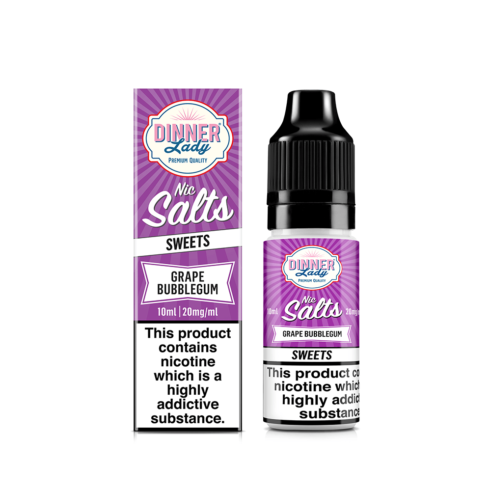 Dinner Lady Grape Bubblegum Nic Salts 10ml bottle with packaging.