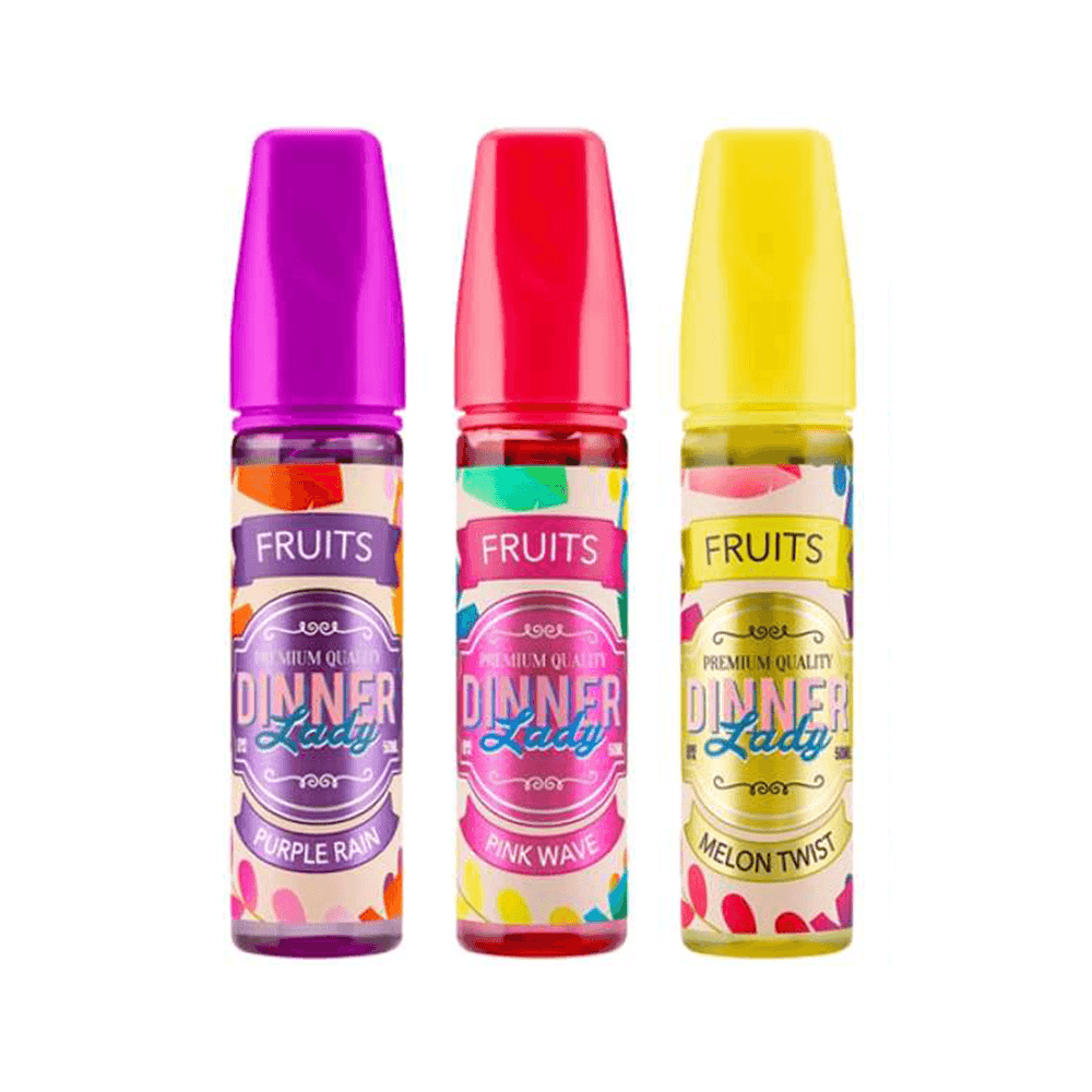 Three colourful Dinner Lady e-liquid bottles: Purple Rain, Pink Wave, Melon Twist.