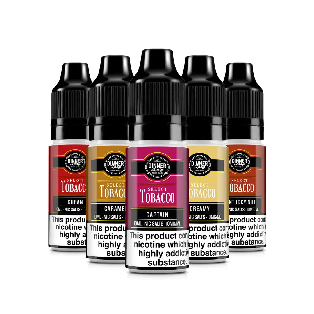 Dinner Lady Tobacco 10ml Nic Salt range, featuring flavours like Cuban, Caramel, Captain, Creamy, and Kentucky Nut.