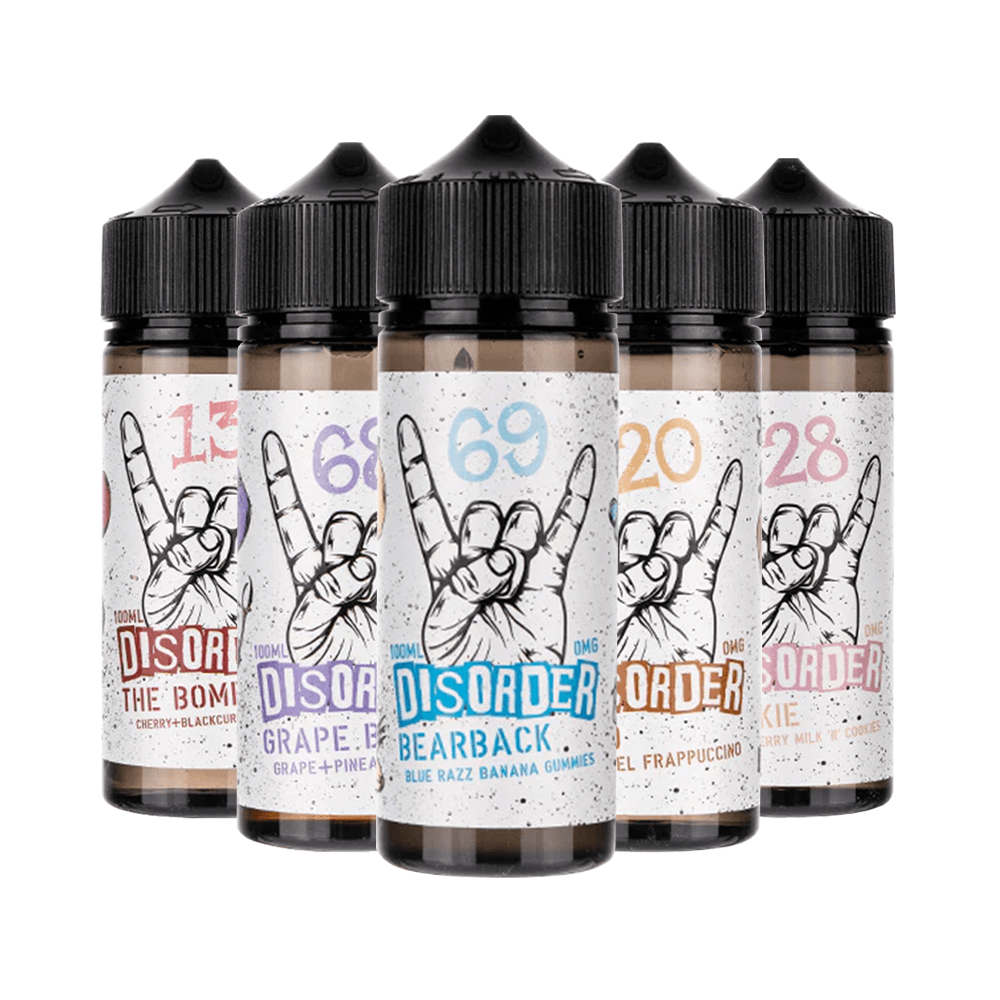 Five Disorder e-liquid bottles with various flavours, including The Bomb and Bearback.