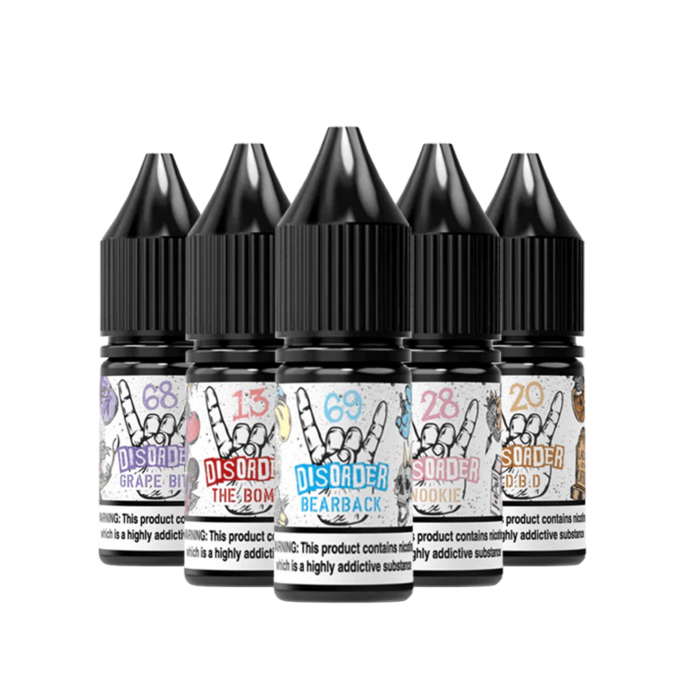 Five Disorder e-liquid bottles, flavours include Grape, The Bomb, Bearback, Cookie, and D&D.