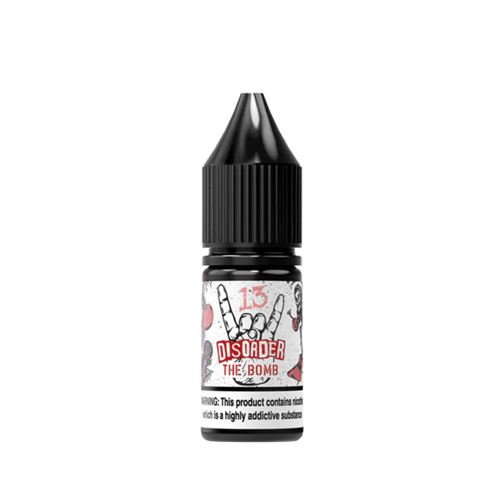 Disorder The Bomb 10ml vape juice bottle with a black cap and warning label.