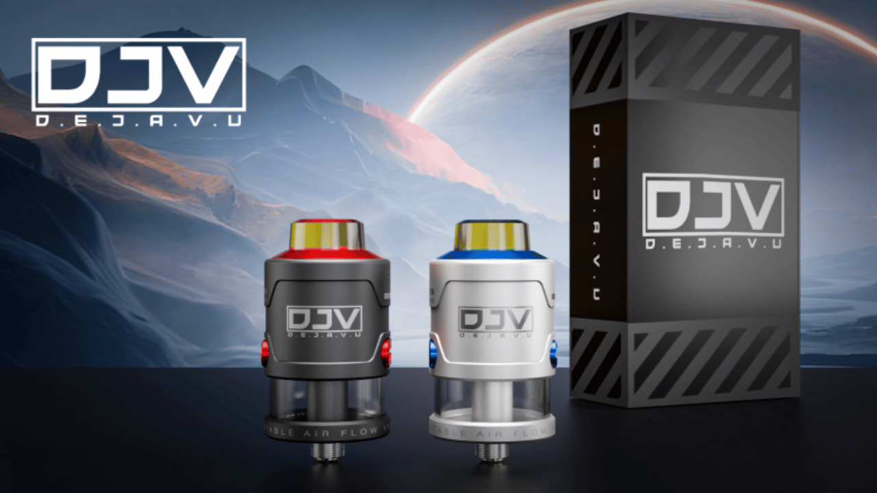 DJV DejaVu RDTA V2 tanks with packaging against a cosmic background.