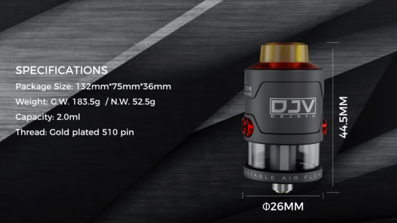 DJV DejaVu RDTA V2 with specifications on a dark background.