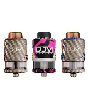 Three DJV RDTA V2 in Carbon Engraved Red, Vaping Bogan Limited, and Carbon Engraved Blue Colours