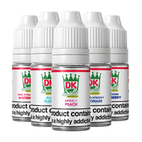 Five DK Salts vape juice bottles in various fruity flavours.