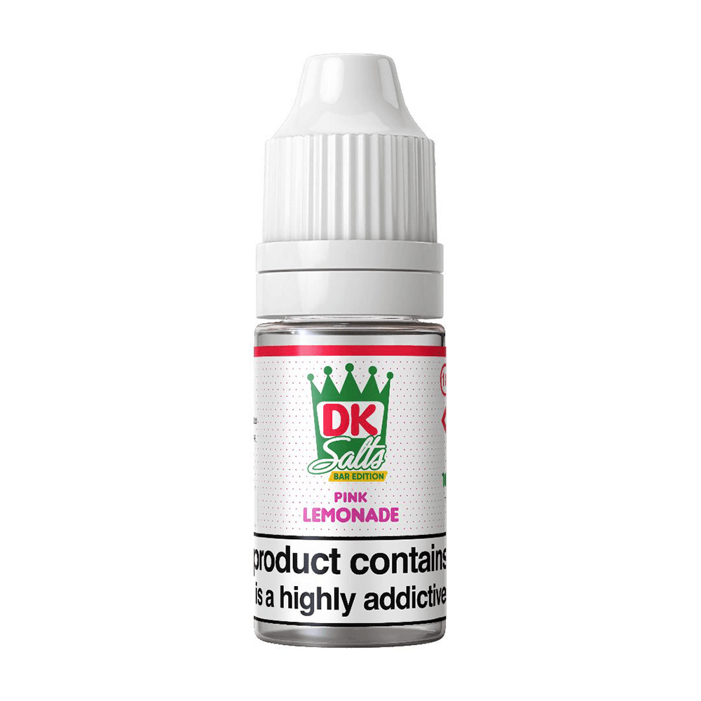 DK Salts Pink Lemonade e-liquid bottle with a white cap and green logo.