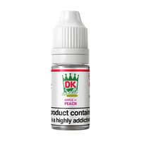 DK Salts Apple Peach 10ml bottle with a white cap and green crown logo.