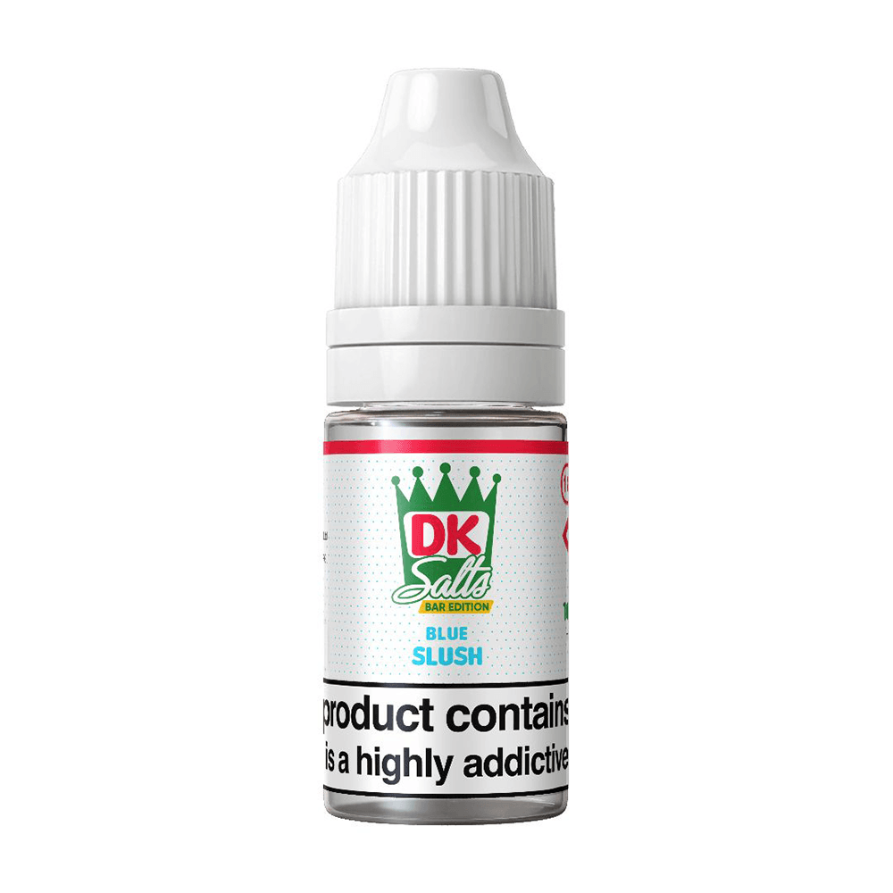 DK Salts Blue Slush e-liquid bottle with nicotine warning label.