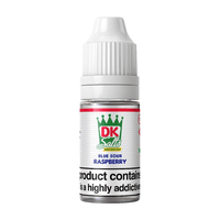 DK Salts Blue Sour Raspberry e-liquid bottle with safety warning label.