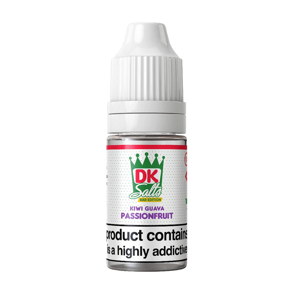 DK Salts Kiwi Guava Passionfruit e-liquid bottle with warning label.