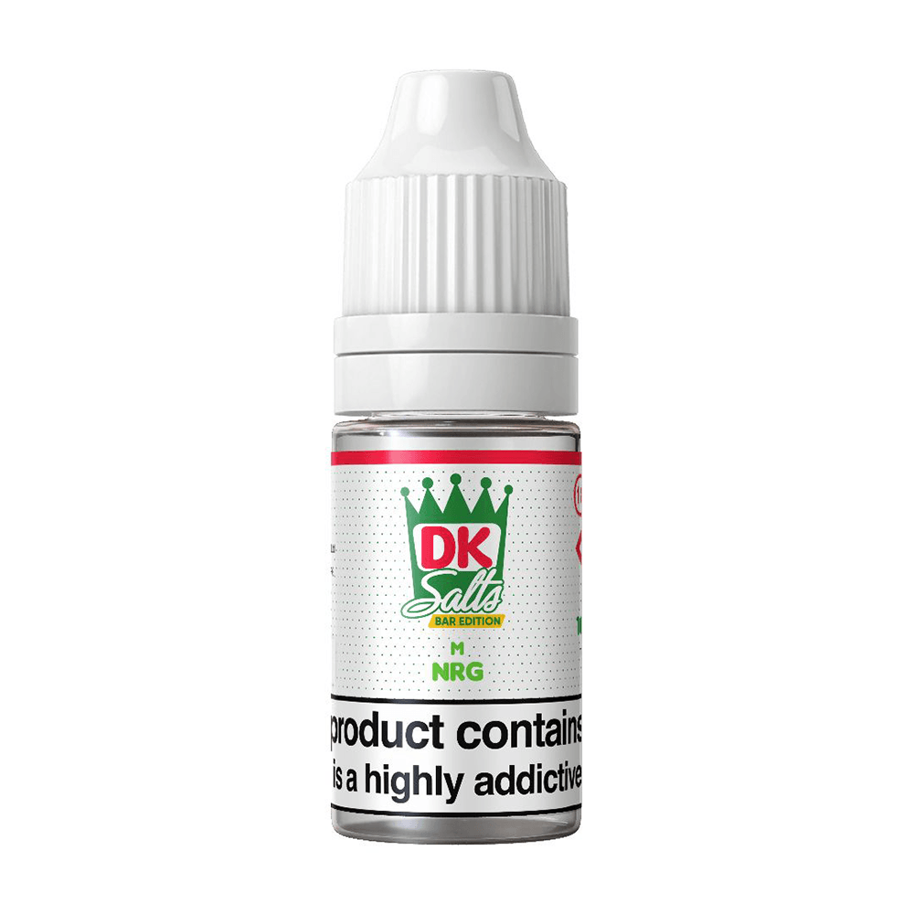 DK Salts NRG 10ml e-liquid bottle with a white cap and green label design.