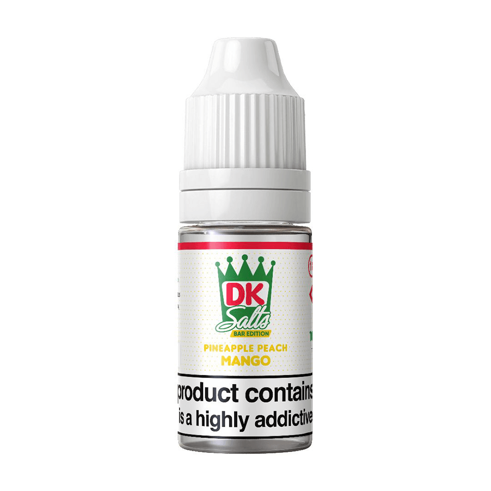 DK Salts Pineapple Peach Mango e-liquid bottle with a white cap and colourful label.