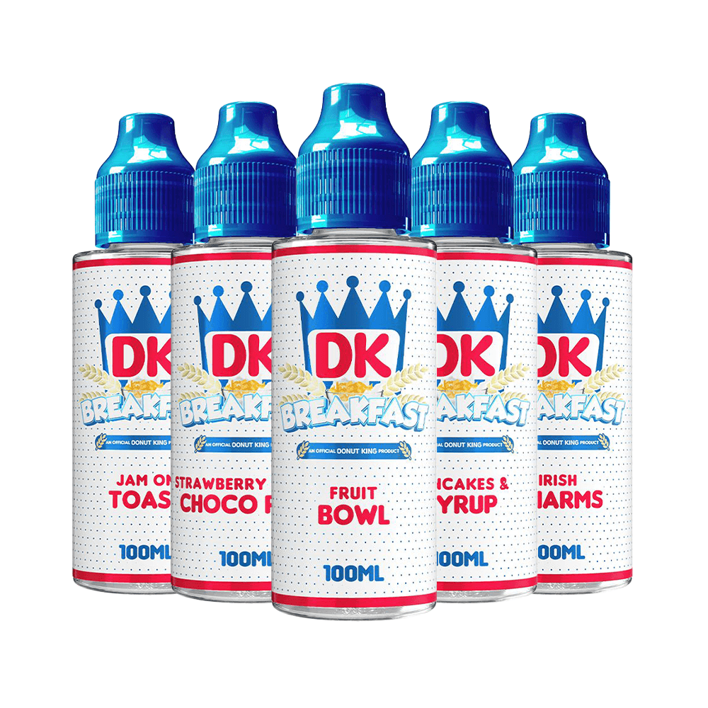 Five DK Breakfast 100ml e-liquid bottles with flavours like Jam on Toast and Strawberry Choco Pop.