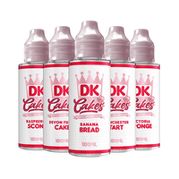 Five bottles of DK Cakes e-liquid with cake flavours, 100ml each.