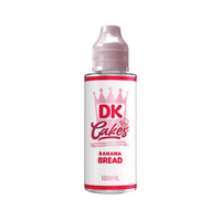 DK Cakes Banana Bread vape juice bottle, 100ml, pink and white design.