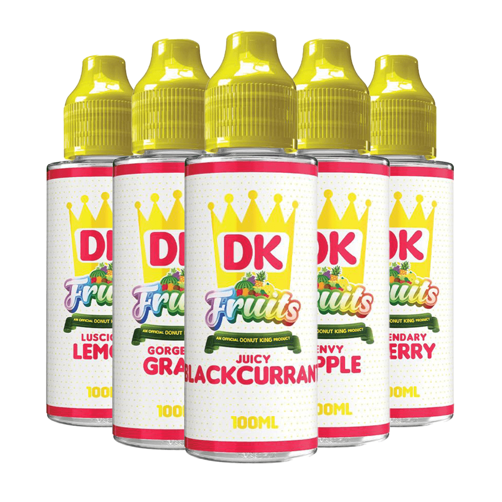 Five DK Fruits 100ml vape juice bottles with flavours: lemon, blackcurrant, apple, and berry.