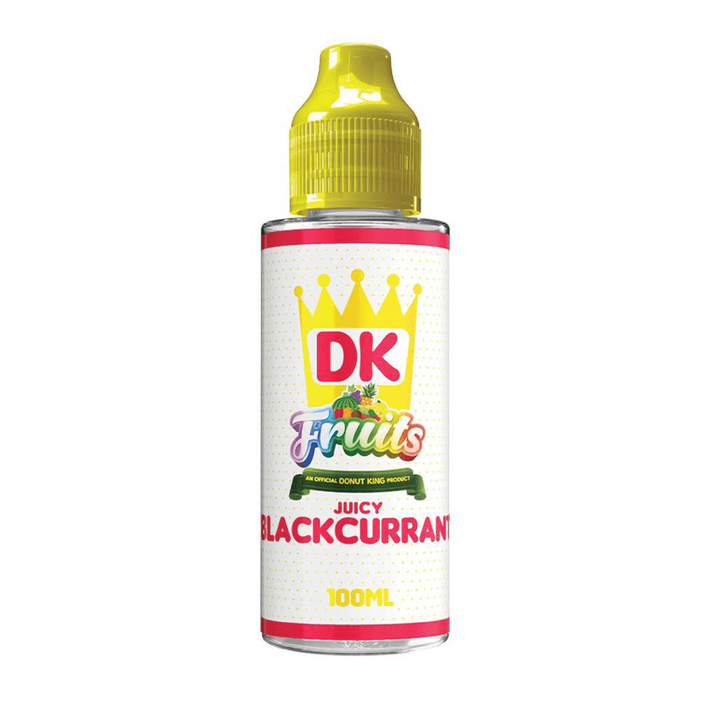 DK Fruits Juicy Blackcurrant 100ml shortfill vape bottle with a yellow cap.