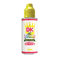 DK Fruits Legendary Cherry 100ml shortfill bottle with a yellow cap and vibrant branding.