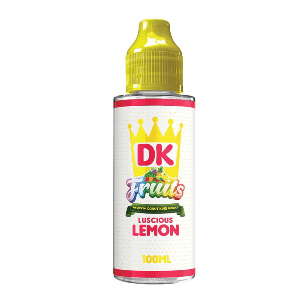 DK Fruits Luscious Lemon 100ml shortfill bottle with yellow cap and crown logo.