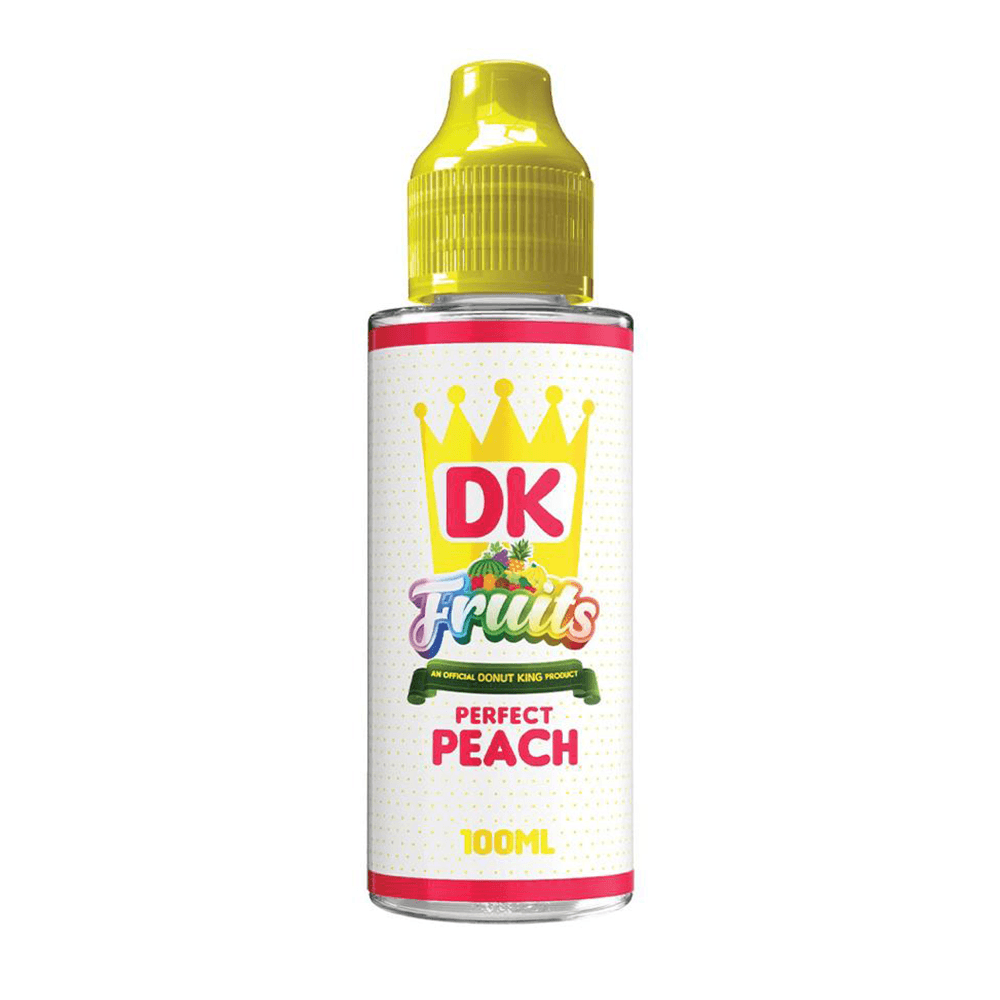 DK Fruits Perfect Peach 100ml shortfill bottle with a yellow cap.