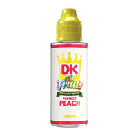 DK Fruits Perfect Peach 100ml shortfill bottle with a yellow cap.