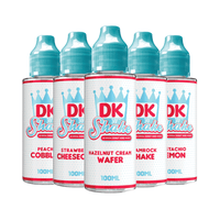 Five DK 'N' Shake vape juice bottles with dessert flavours, 100ml each.