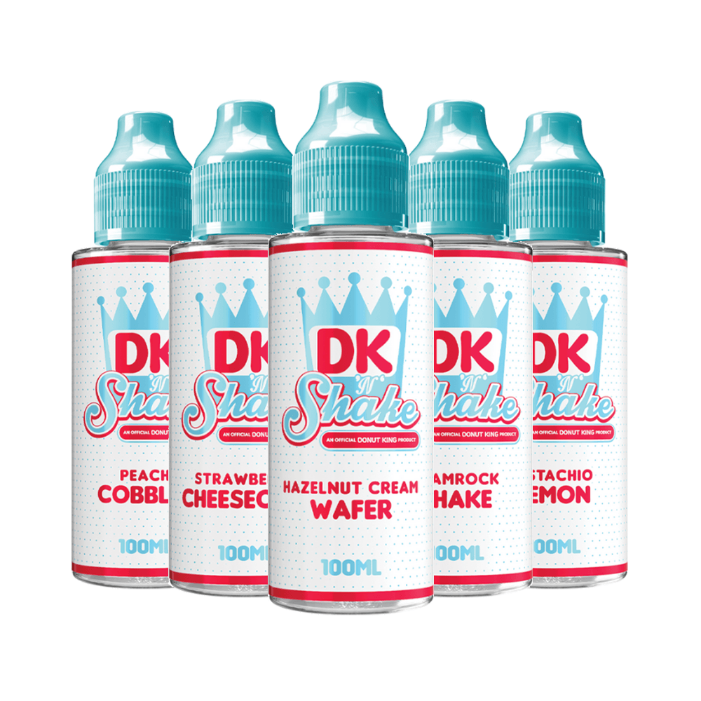 DK 'N' Shake 100ml vape juice in peach cobbler, strawberry cheesecake, hazelnut cream wafer, shamrock shake, and pistachio lemon flavours.