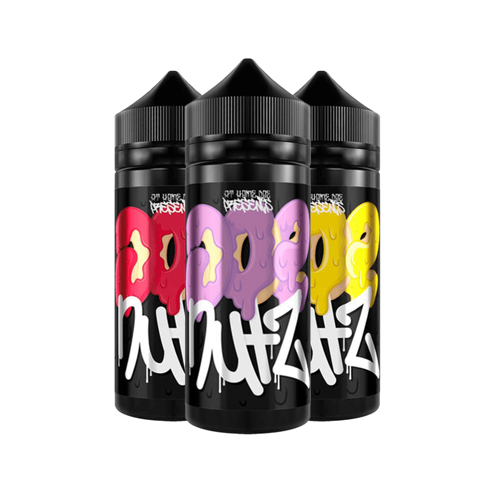 Three bottles of Doe Nutz vape juice with colourful doughnut designs.