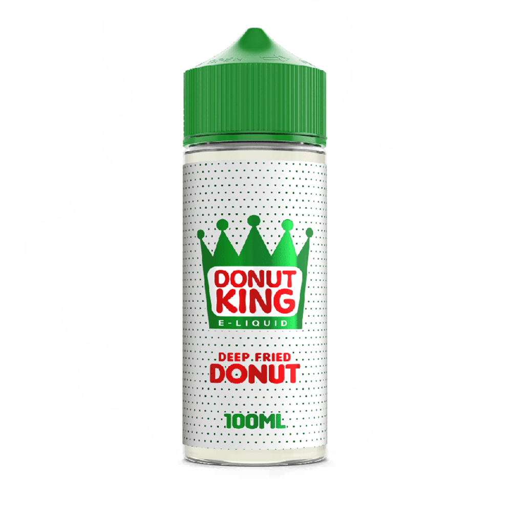 Donut King e-liquid bottle, 100ml, deep-fried donut flavour, green cap.