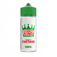 Donut King Vanilla Custard e-liquid bottle, 100ml, with green cap and label.