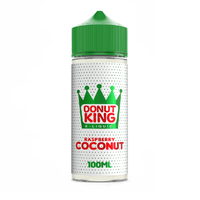 Donut King Raspberry Coconut e-liquid, 100ml bottle with green cap and crown logo.