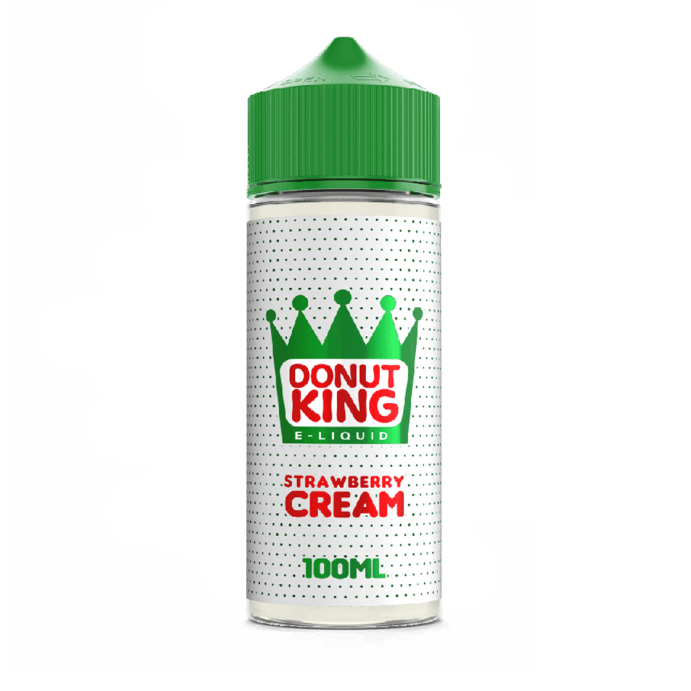 Donut King Strawberry Cream e-liquid bottle, 100ml with green cap.