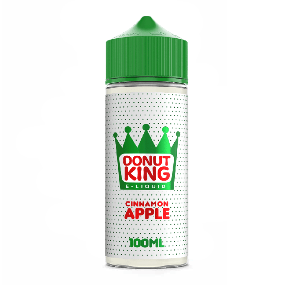 Donut King Cinnamon Apple e-liquid bottle, 100ml, with a green cap and crown logo.