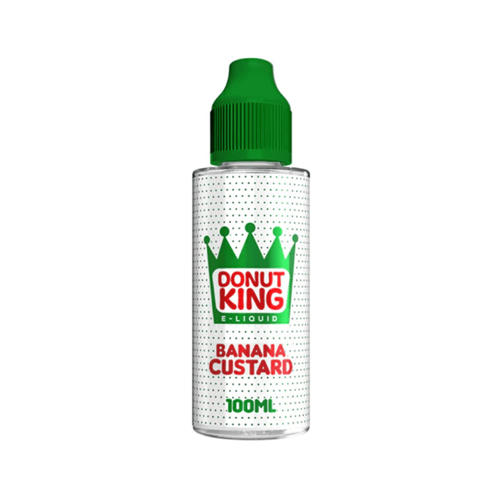 Donut King Banana Custard 100ml e-liquid bottle with a green cap.