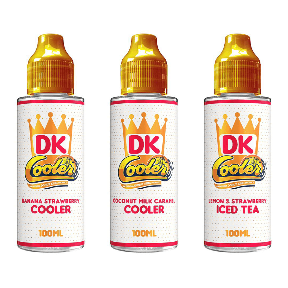 Three DK Cooler vape juice bottles: Banana Strawberry, Coconut Milk Caramel, Lemon & Strawberry.