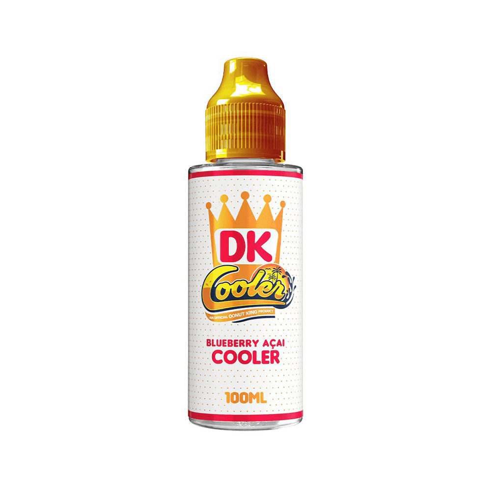 DK Coolers Blueberry Açaí vape juice bottle, 100ml, with a crown logo.