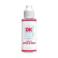 A Donut King DK Ice 100ml shortfill bottle featuring the Arctic Apple & Pear flavour, showcasing its sleek design with vibrant branding and flavour details.