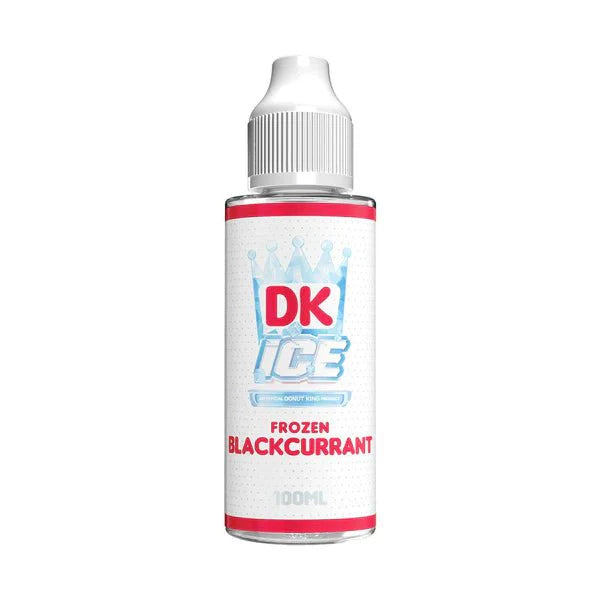 A Donut King DK Ice 100ml shortfill bottle featuring the Frozen Blackcurrant flavour, showcasing its sleek design with vibrant branding and flavour details.