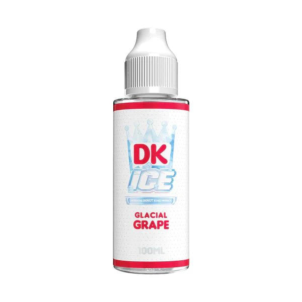 A Donut King DK Ice 100ml shortfill bottle featuring the Glacial Grape flavour, showcasing its sleek design with vibrant branding and flavour details.