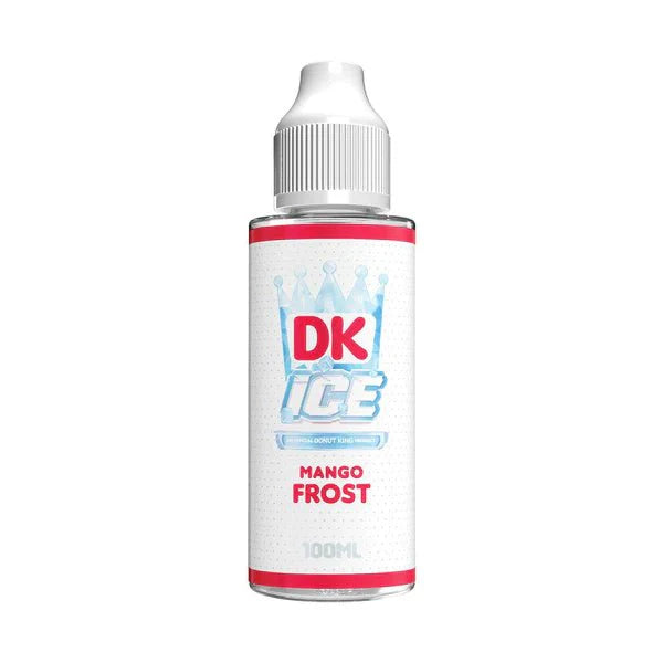 A Donut King DK Ice 100ml shortfill bottle featuring the Mango Frost flavour, showcasing its sleek design with vibrant branding and flavour details.